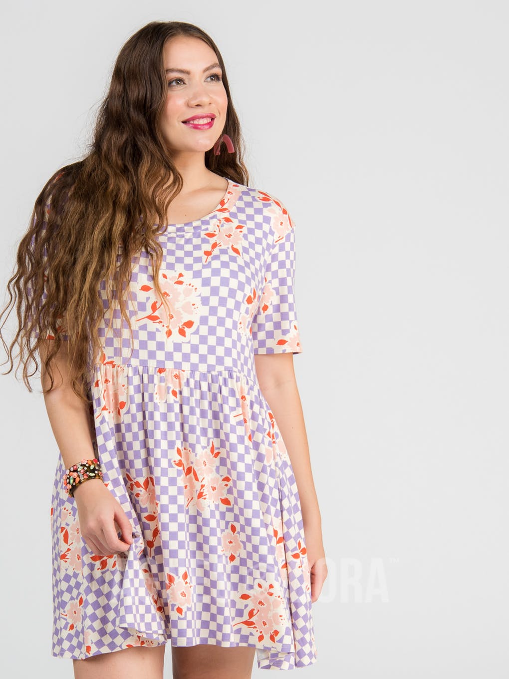 Modern Tunic Dress Checkered Floral