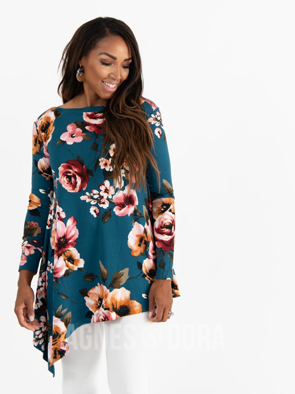 Asymmetrical Tunic Baby Suede Teal Based Floral Long Sleeve