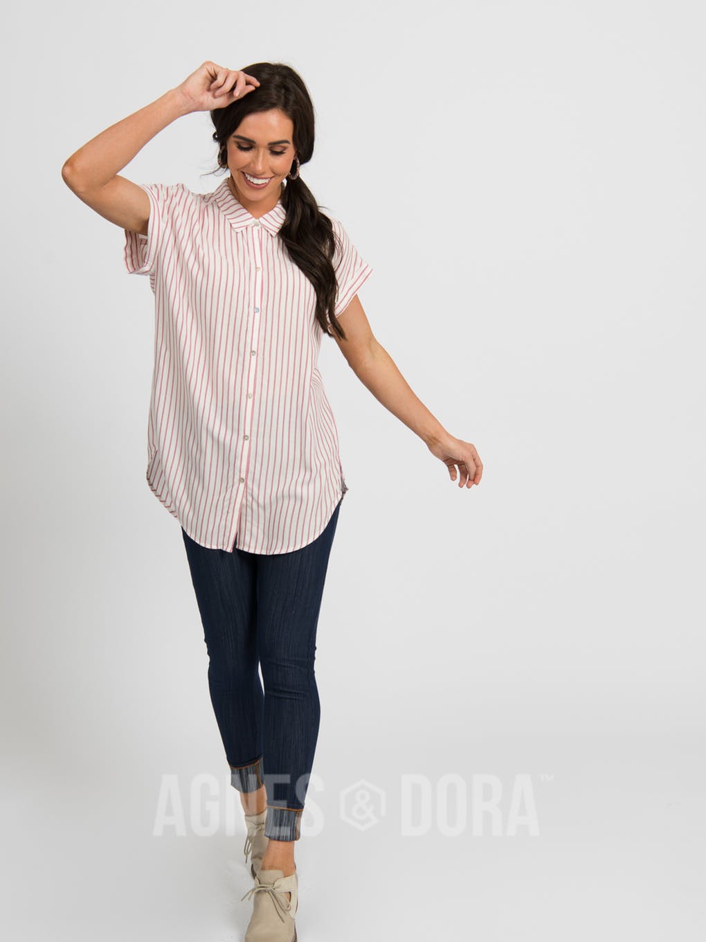 Button Down Cuff Sleeve Raspberry Stripe