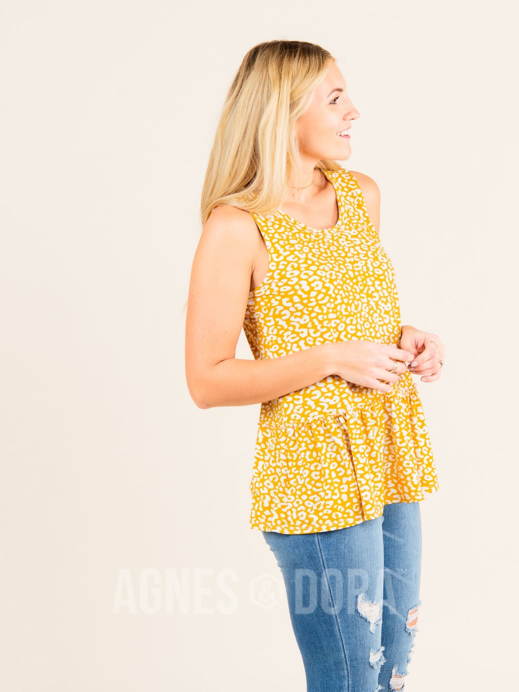 Relaxed Ruffle Tank Mustard Ivory Animal