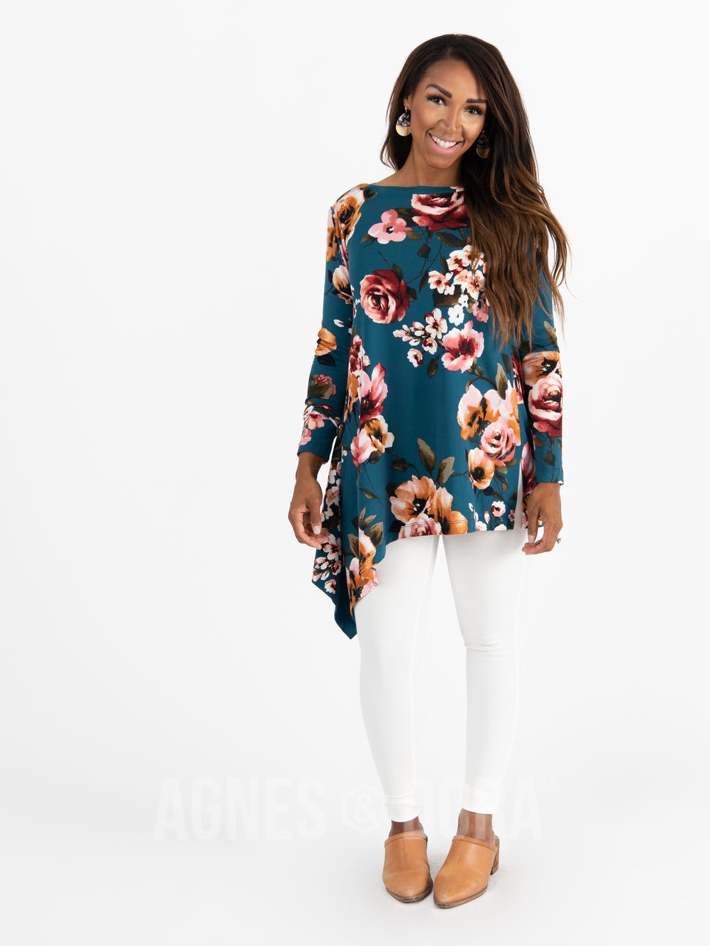 Asymmetrical Tunic Baby Suede Teal Based Floral Long Sleeve
