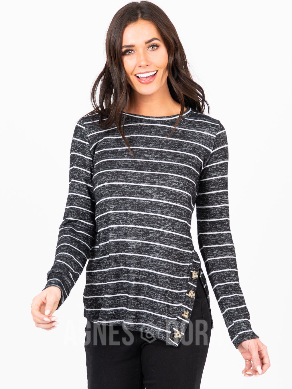 Side Button Sweater Black/Ivory Stripe