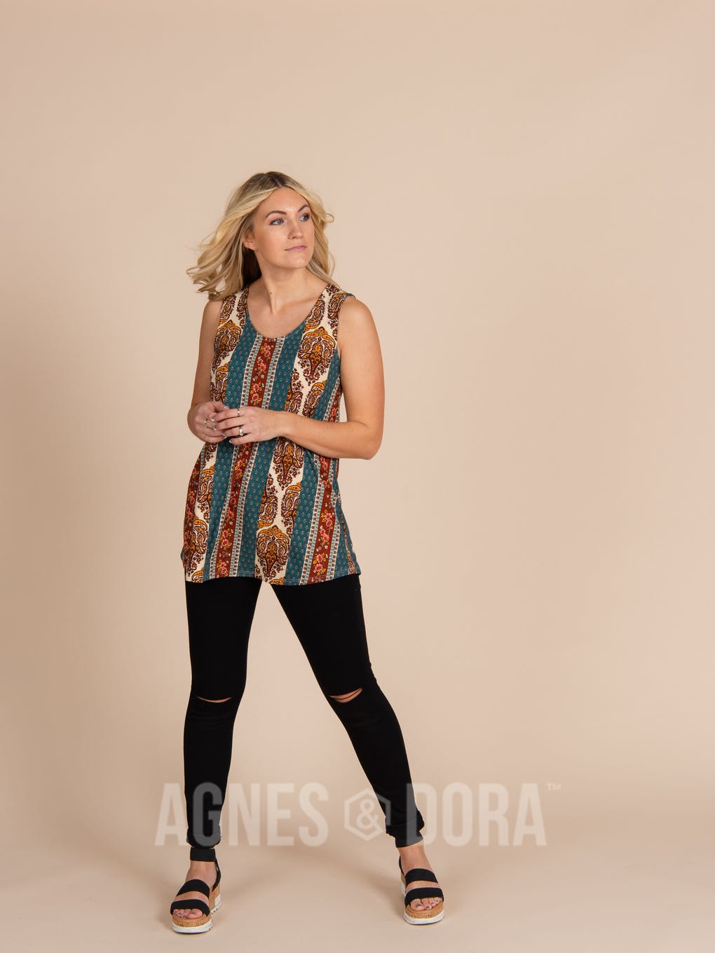 Essential Tank - Scoop Neck Teal Boho Stripe