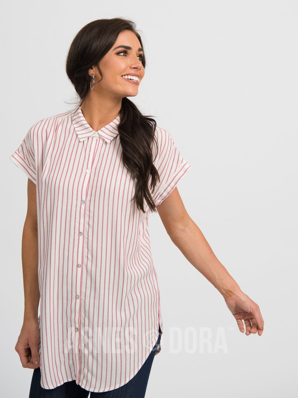 Button Down Cuff Sleeve Raspberry Stripe