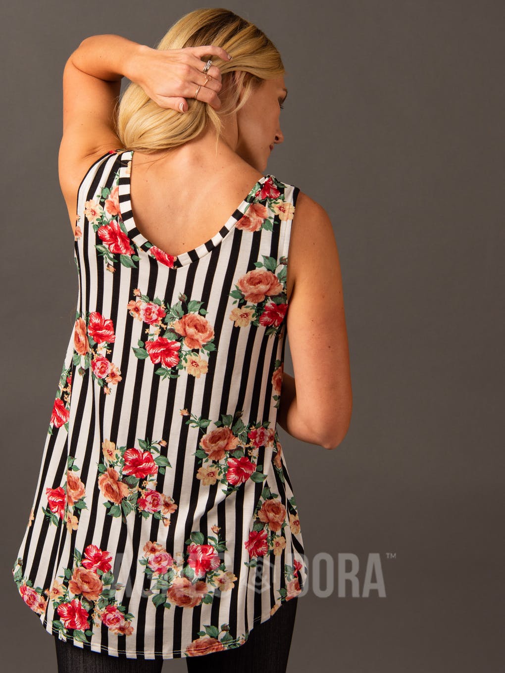 Essential Tank Double V-Neck Black/White/Coral Stripe Floral