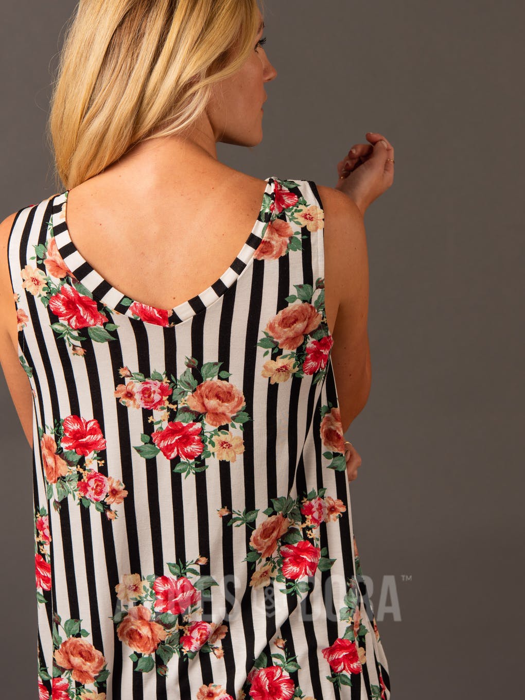 Essential Tank Double V-Neck Black/White/Coral Stripe Floral