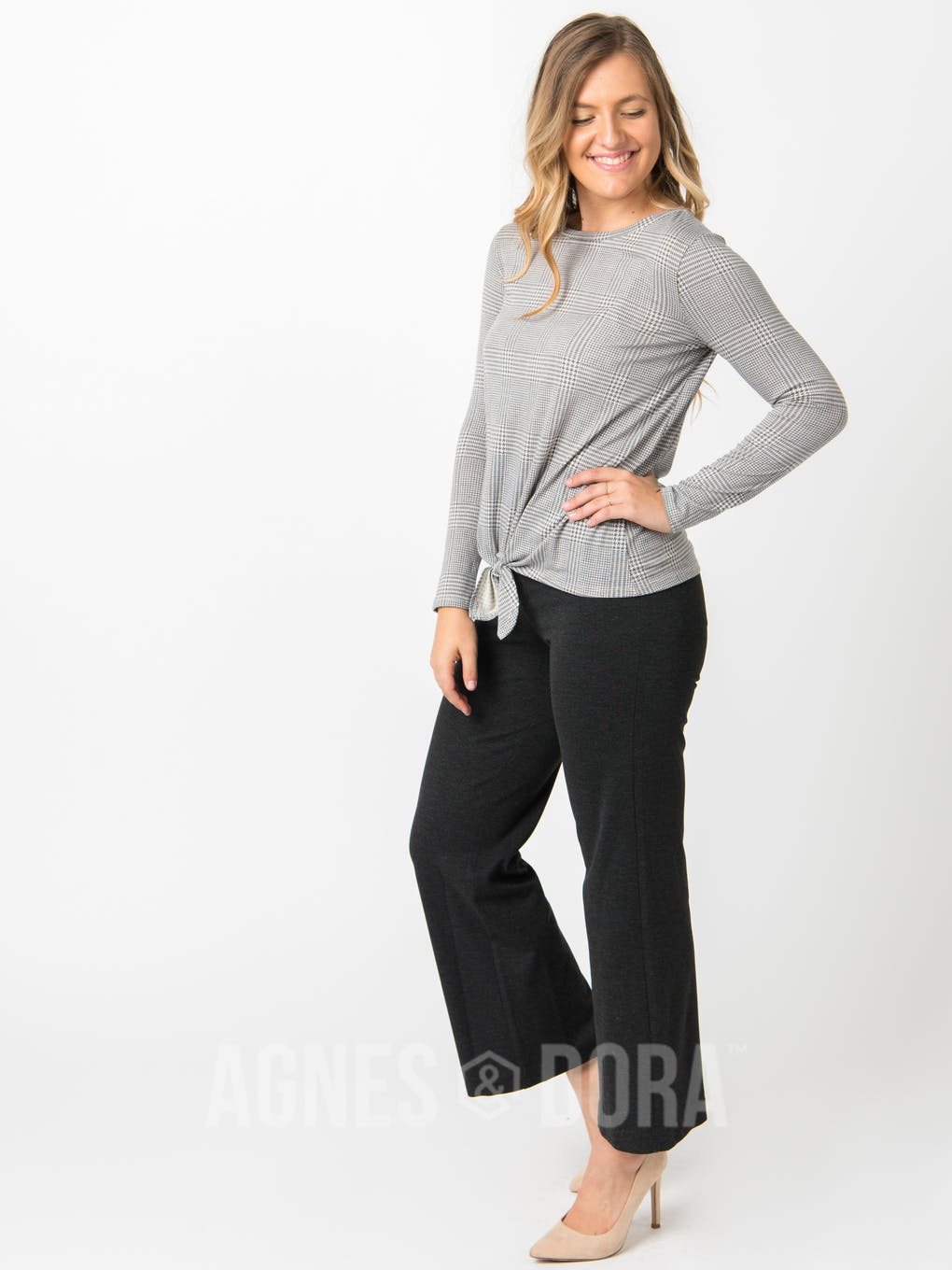 Tie Front Top Long Sleeve Black Glen Plaid