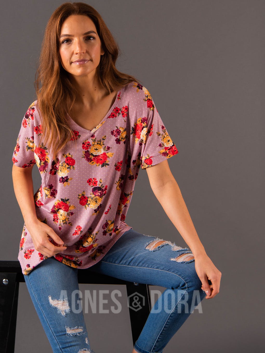 Love Top Mauve/Red Floral Dot