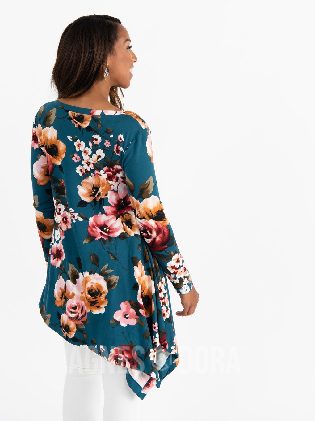 Asymmetrical Tunic Baby Suede Teal Based Floral Long Sleeve