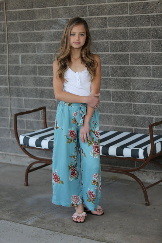 Kids Floral Aqua Wide Leg Pants