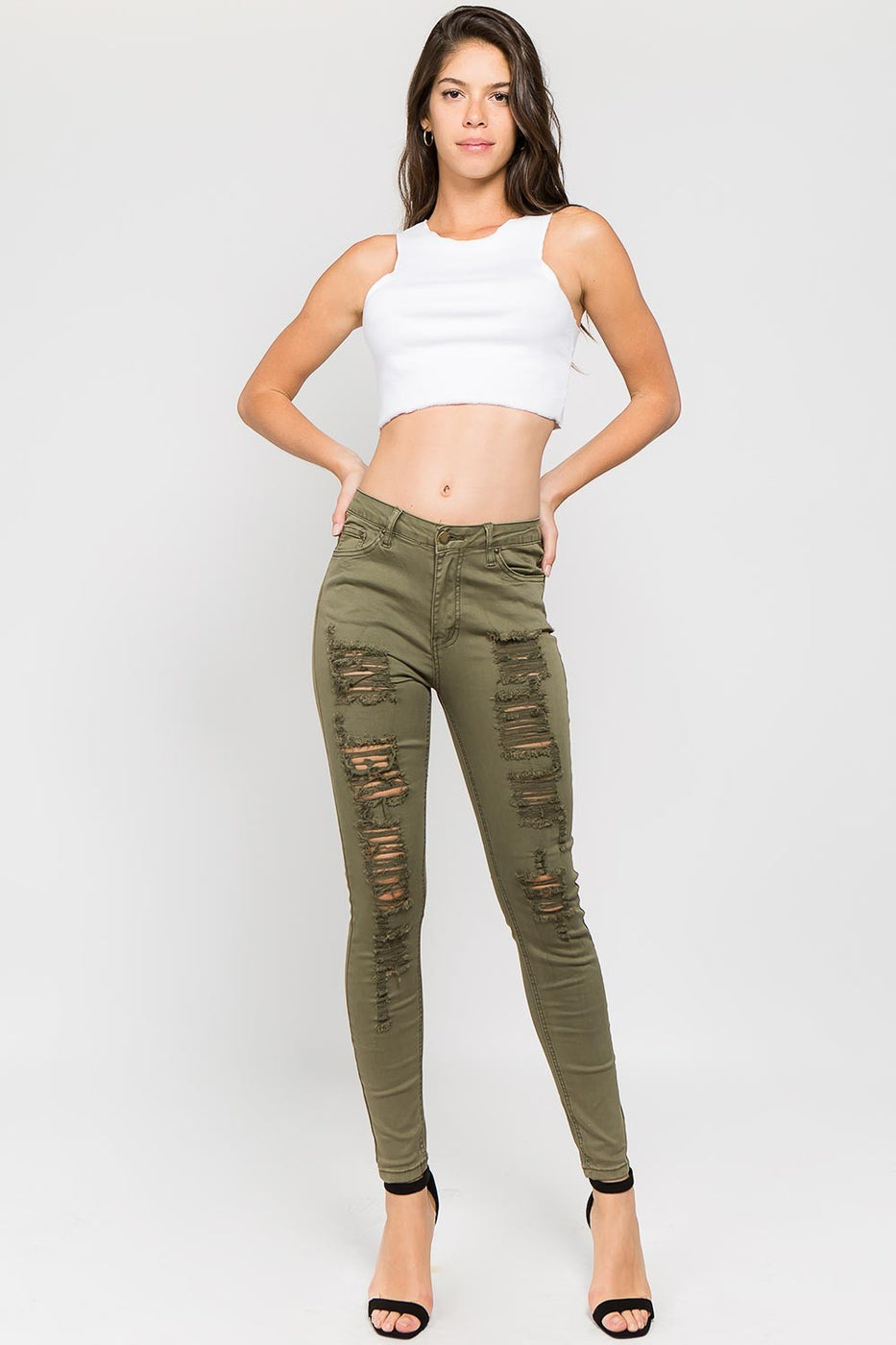 Destroyed Denim Skinny Pants Olive Regular and Plus