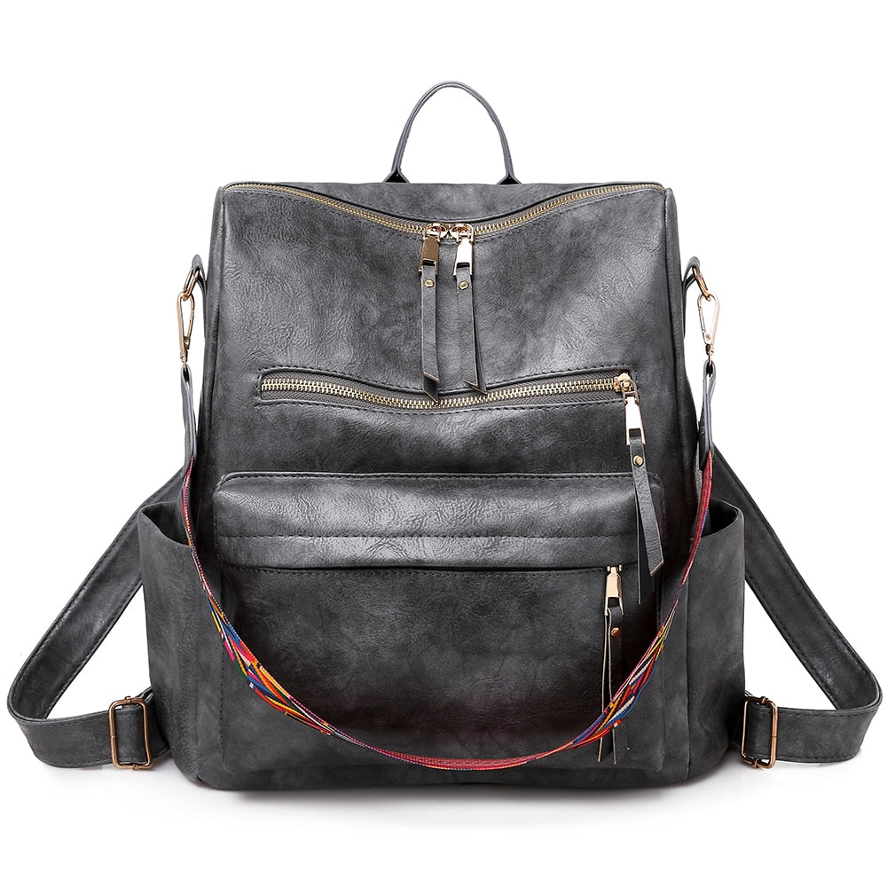 Retro Large Backpack PU Leather w/ Shoulder Strap