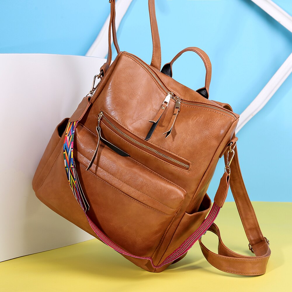 Retro Large Backpack PU Leather w/ Shoulder Strap
