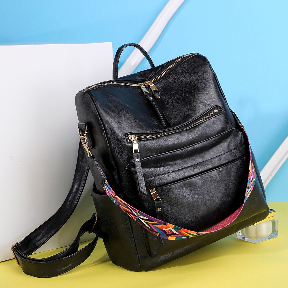 Retro Large Backpack PU Leather w/ Shoulder Strap