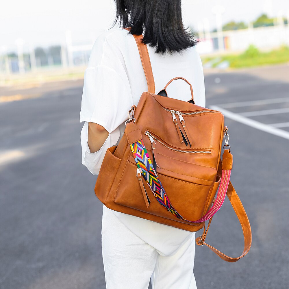 Retro Large Backpack PU Leather w/ Shoulder Strap