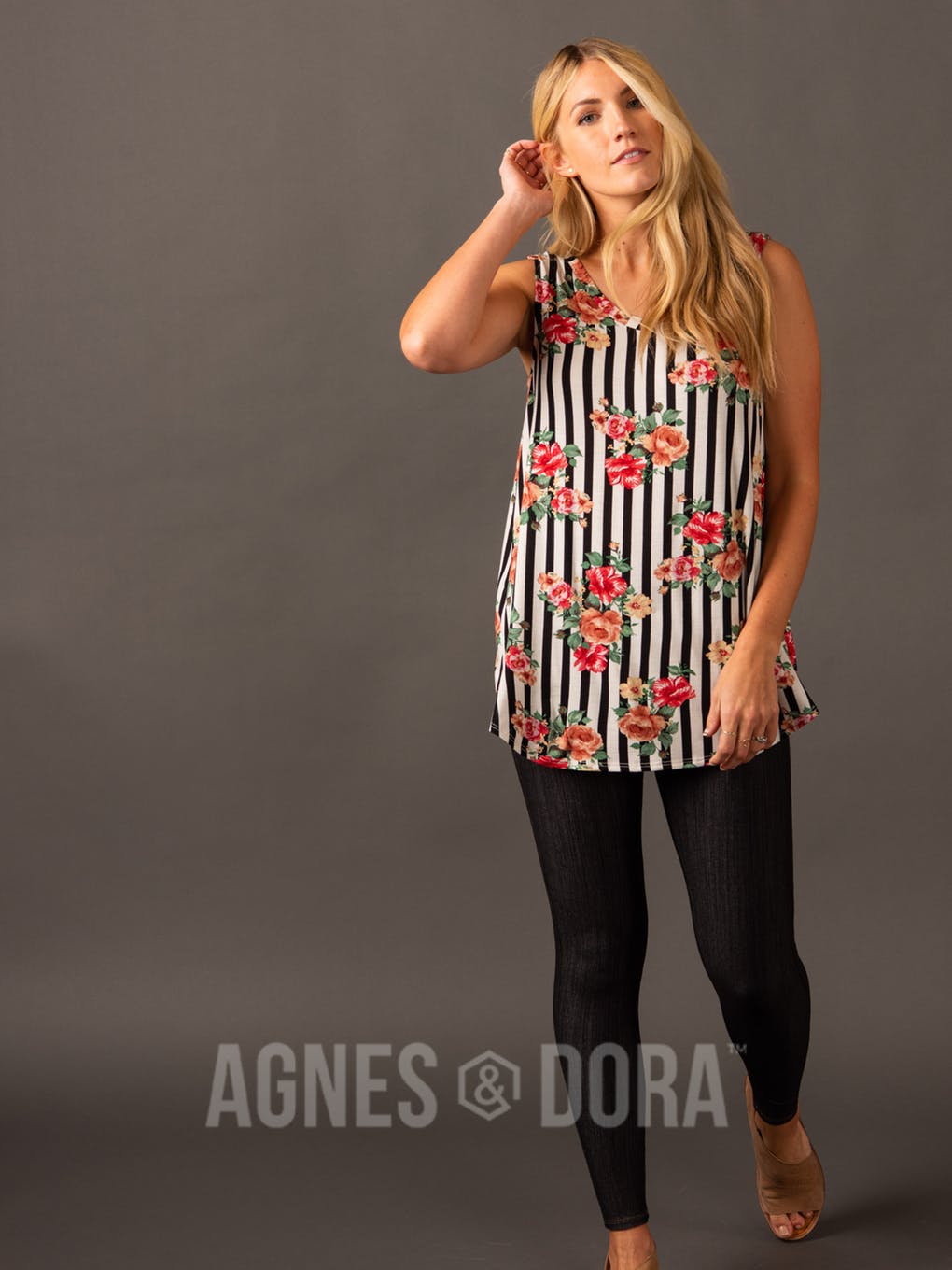 Essential Tank Double V-Neck Black/White/Coral Stripe Floral
