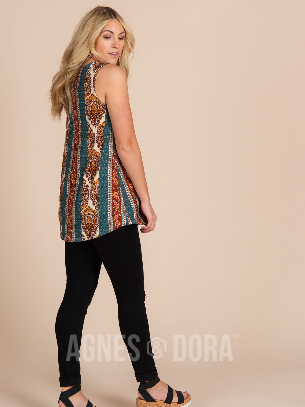 Essential Tank - Scoop Neck Teal Boho Stripe
