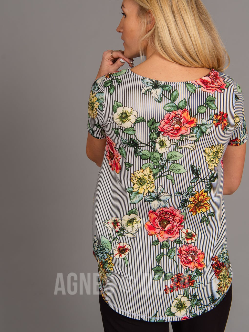 Everyday Tee - Scoop Neck Black/White Striped Floral