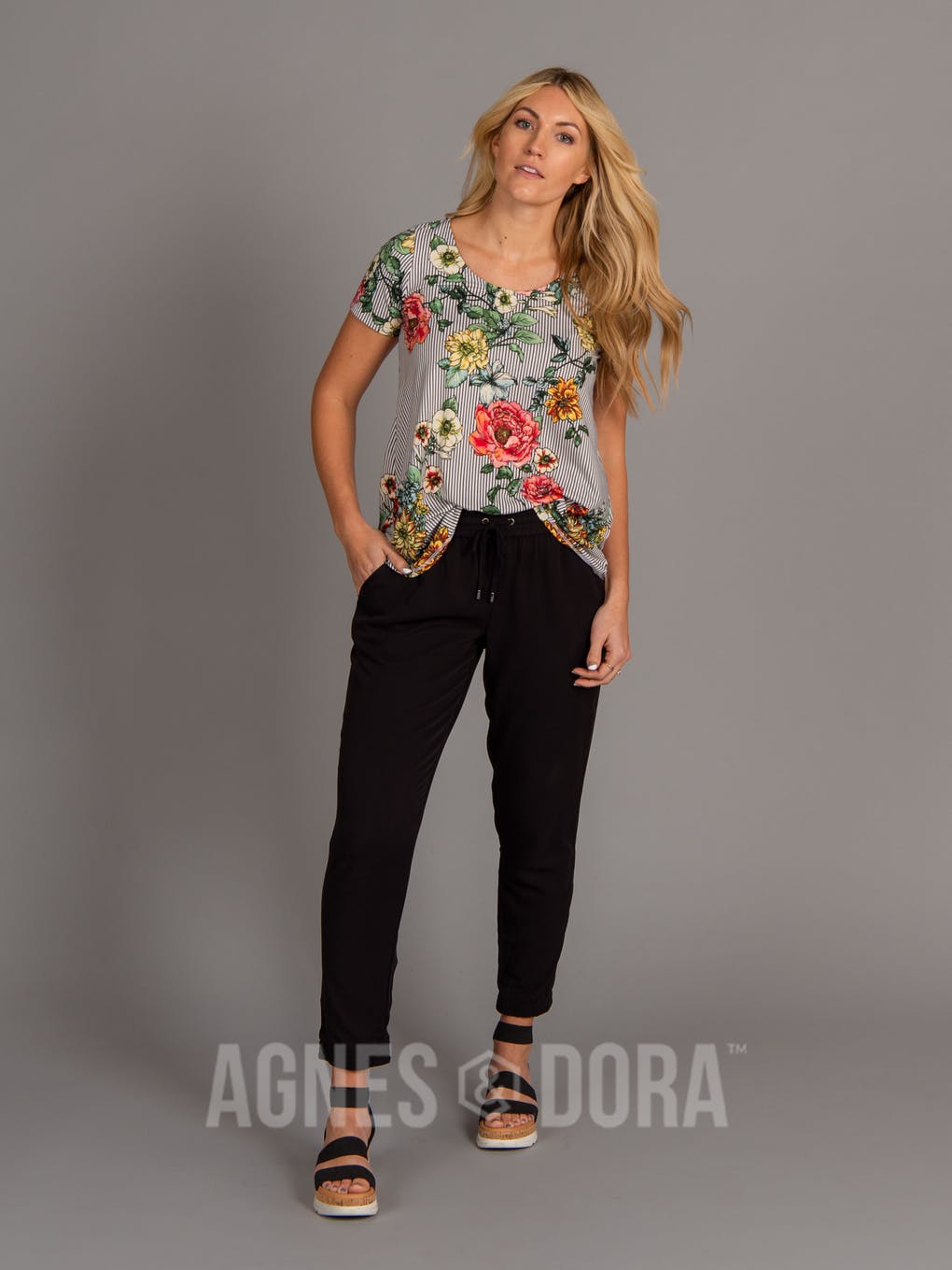Everyday Tee - Scoop Neck Black/White Striped Floral