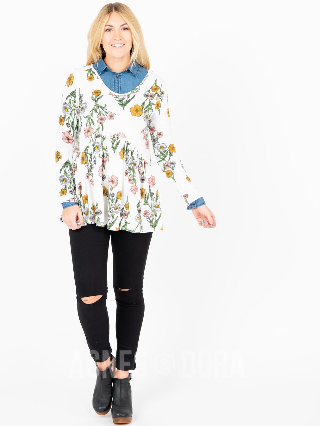 Muse Top Long Sleeve Ivory/Coral Floral