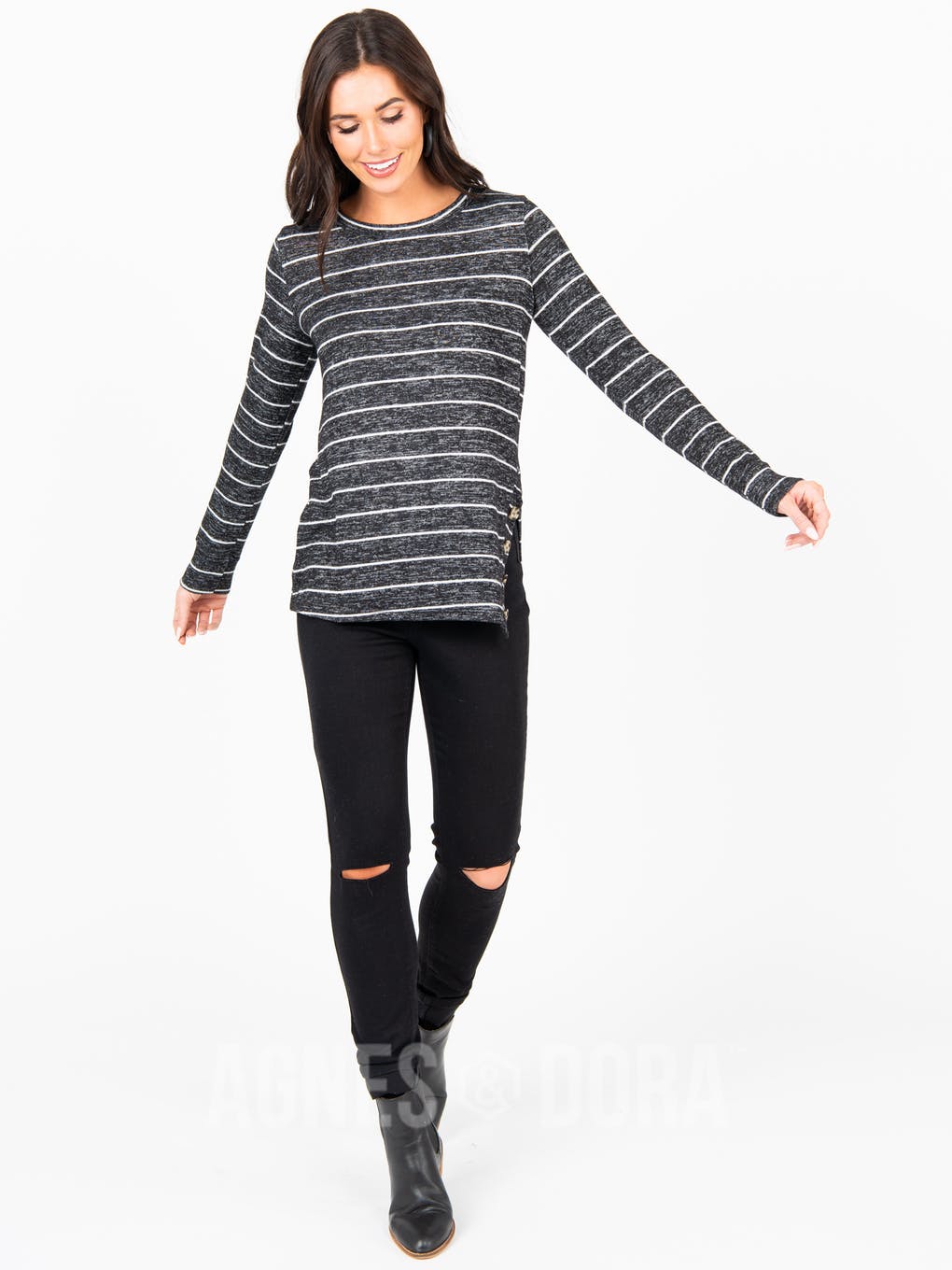 Side Button Sweater Black/Ivory Stripe