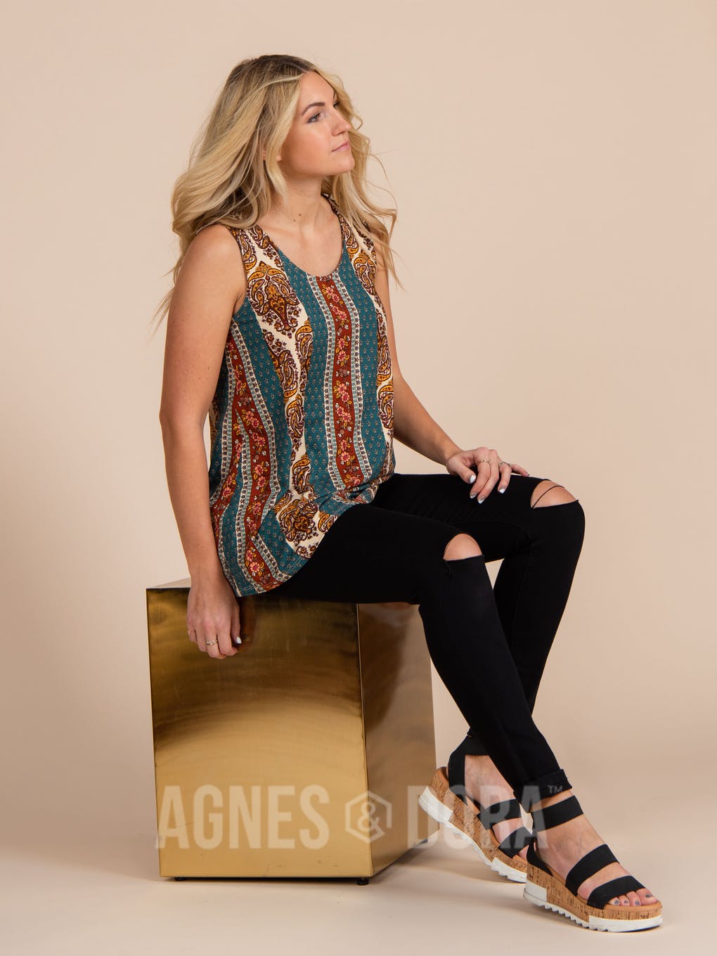 Essential Tank - Scoop Neck Teal Boho Stripe