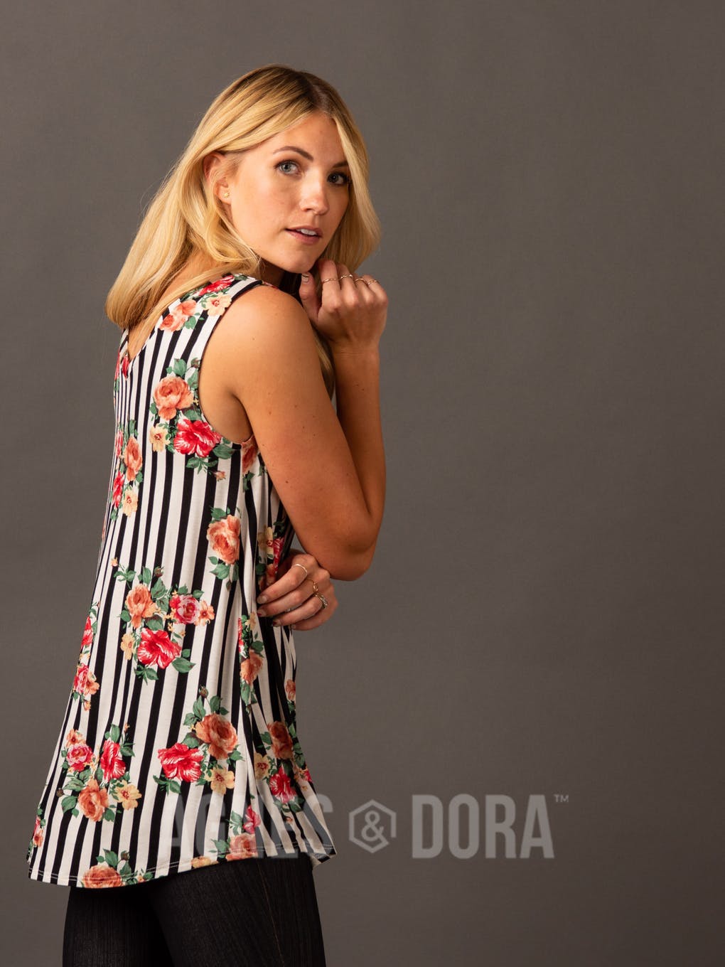 Essential Tank Double V-Neck Black/White/Coral Stripe Floral