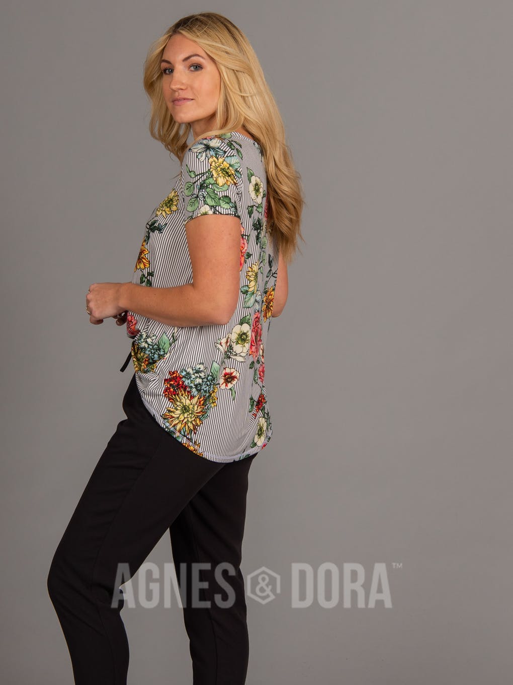Everyday Tee - Scoop Neck Black/White Striped Floral