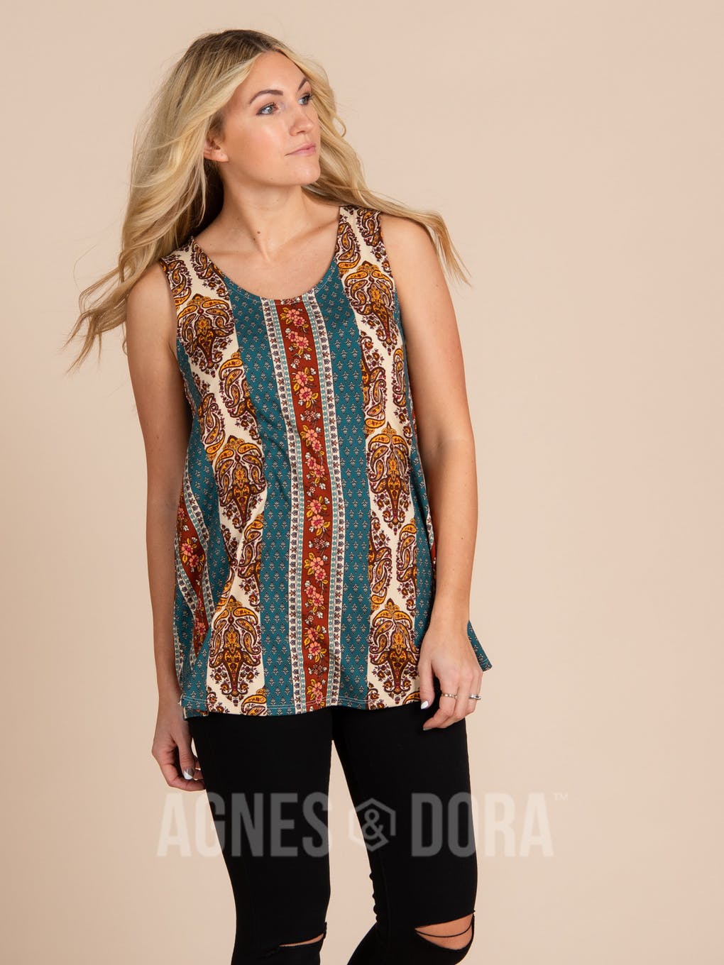 Essential Tank - Scoop Neck Teal Boho Stripe