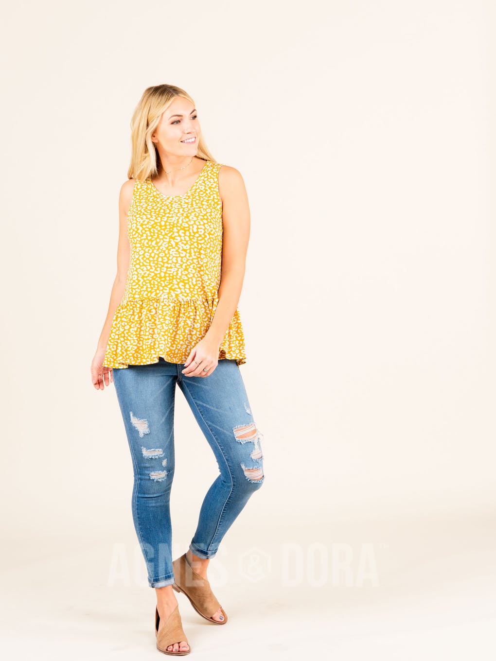 Relaxed Ruffle Tank Mustard Ivory Animal