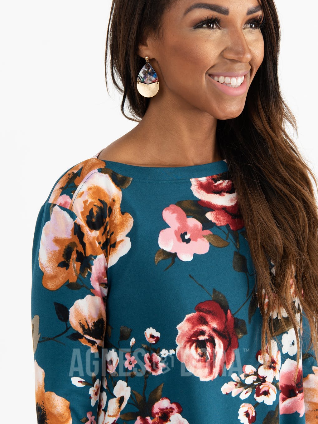 Asymmetrical Tunic Baby Suede Teal Based Floral Long Sleeve