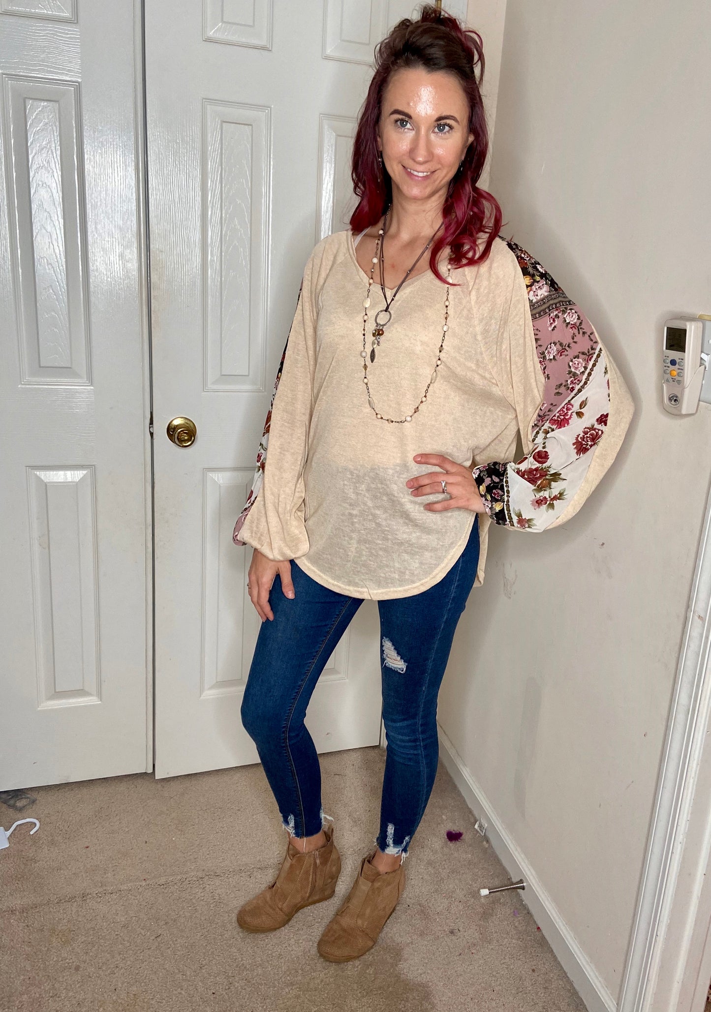 Floral Balloon Puff Sleeve Ivory Boho V-neck Long Sleeve Top