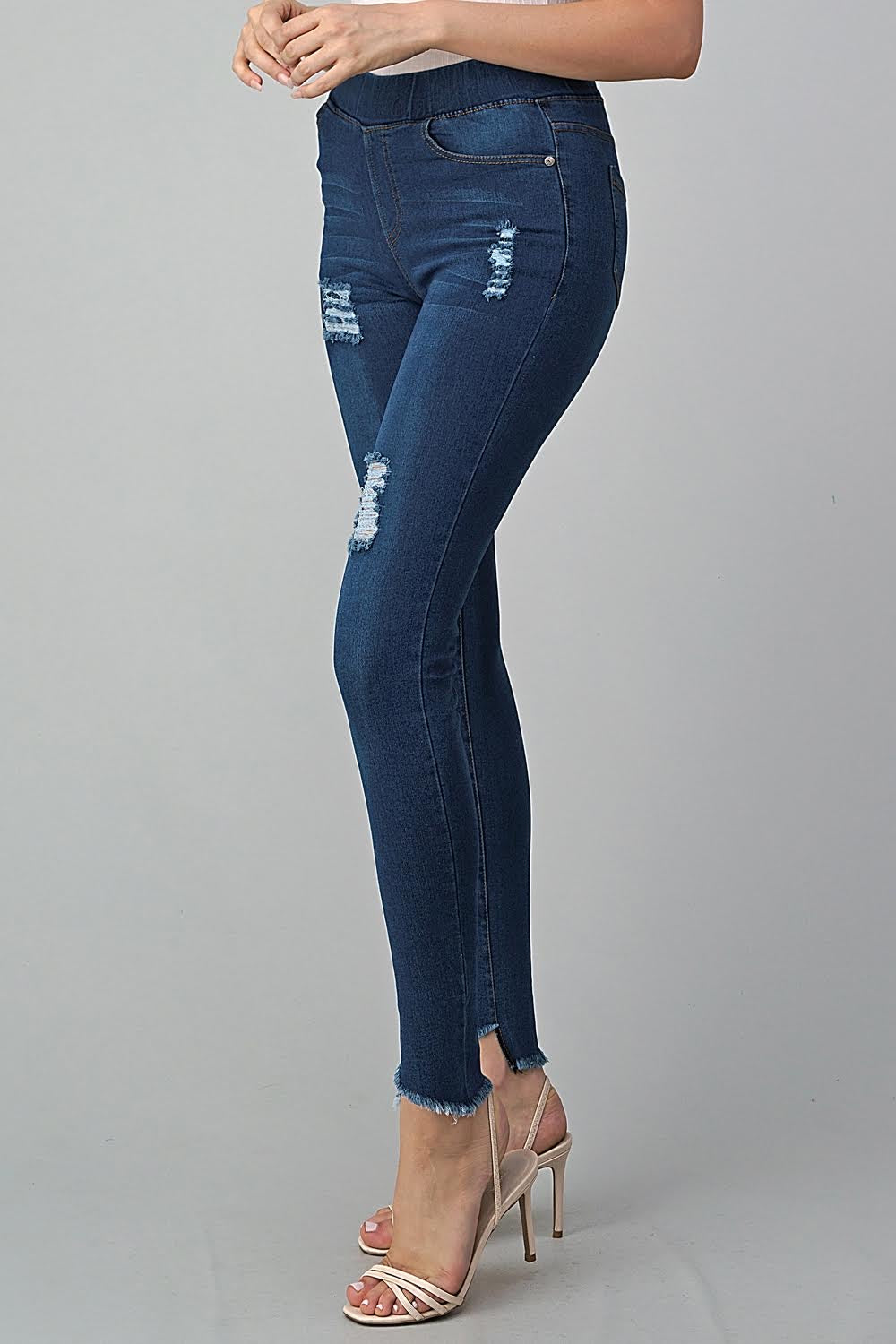 High Waist Distressed Raw Cross Hem Stretch Denim Jeggings