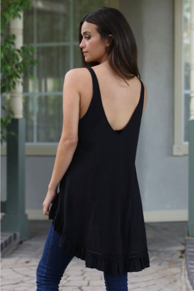 V Neck Lace Hem Tank Black