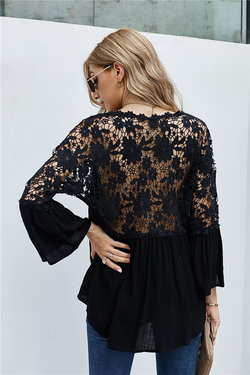 Crochet Lace Botton Top Black