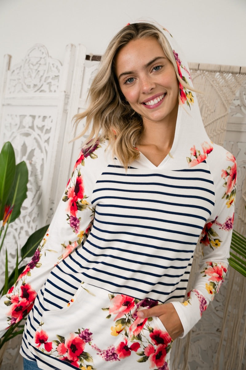 STRIPE FLORAL MIX HOODIE HI-LOW TOP