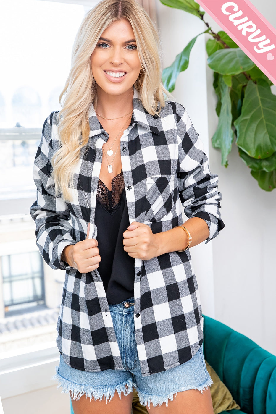 BLACK & WHITE PLAID FLEECE LINED FLANNEL SHIRT TOP