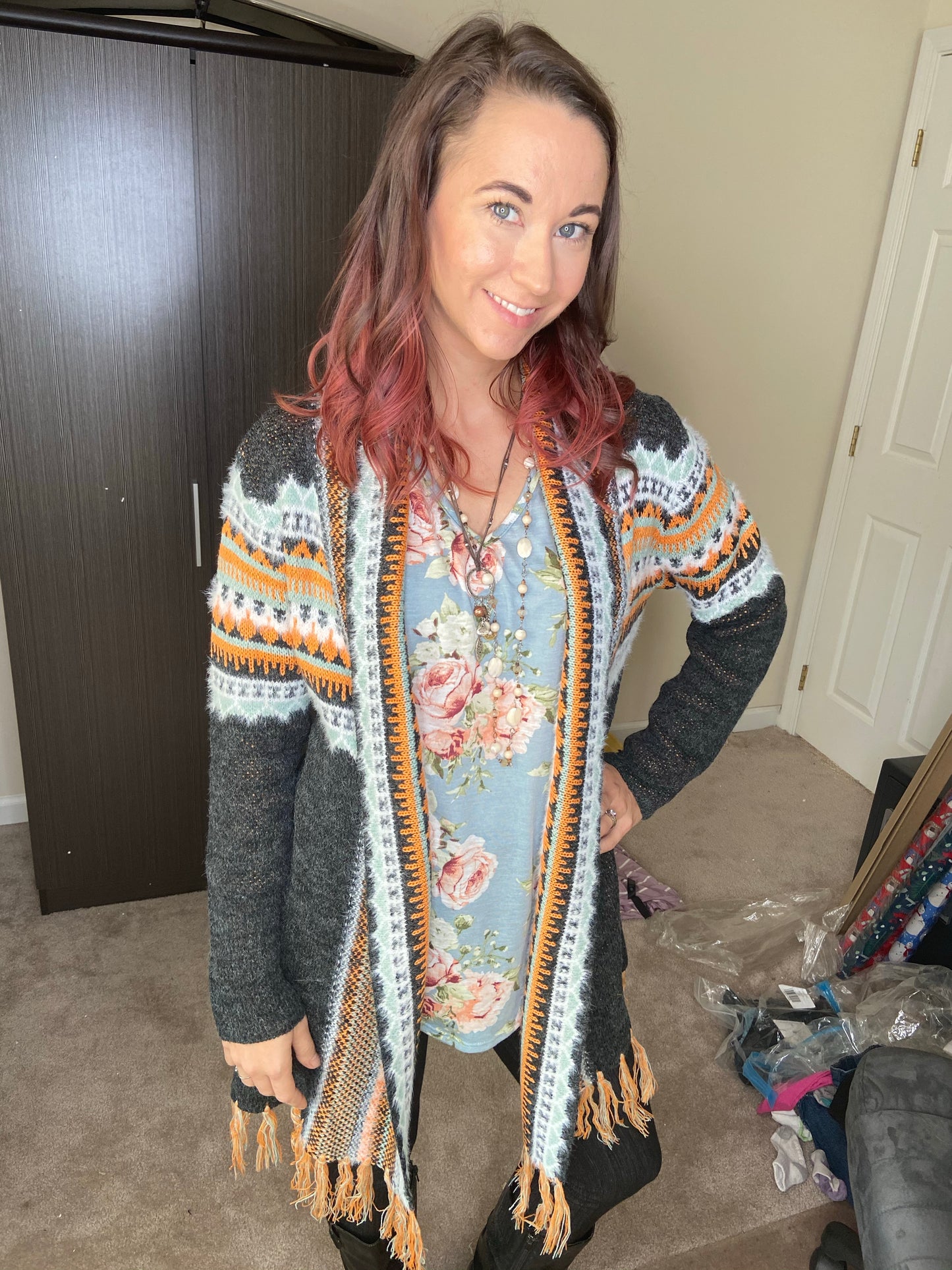 Black Patterned Knitted Tassel Sweater Cardigan