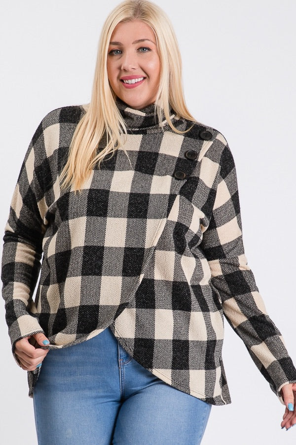 Buffalo Plaid Button Detail Cowl Neck Sweater Top