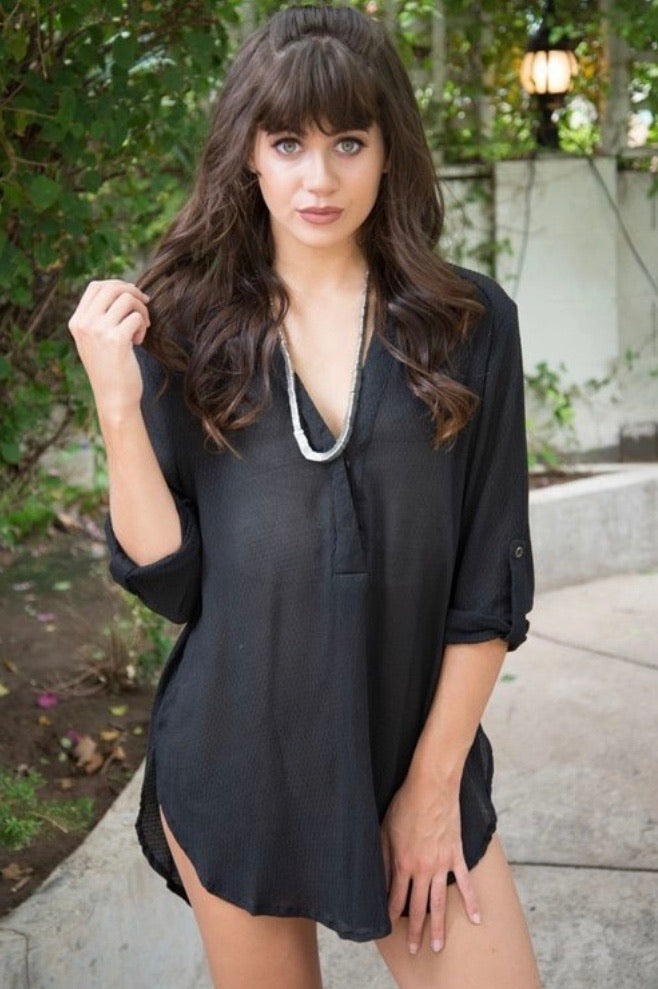 Half Button Textured Roll Tab Sleeve Tunic Black