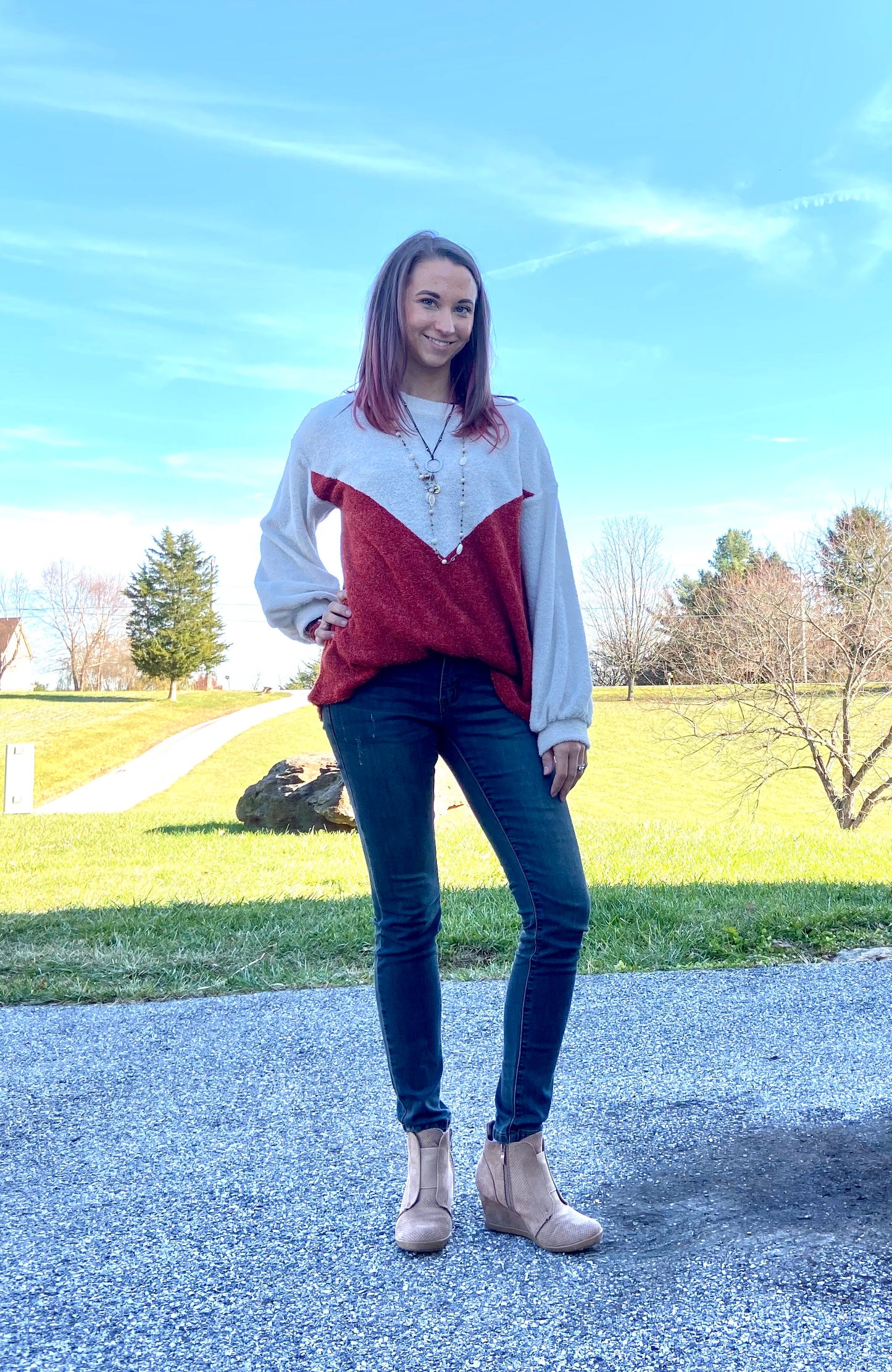 Rust & Cream Chevron Color Block Terry Sweater