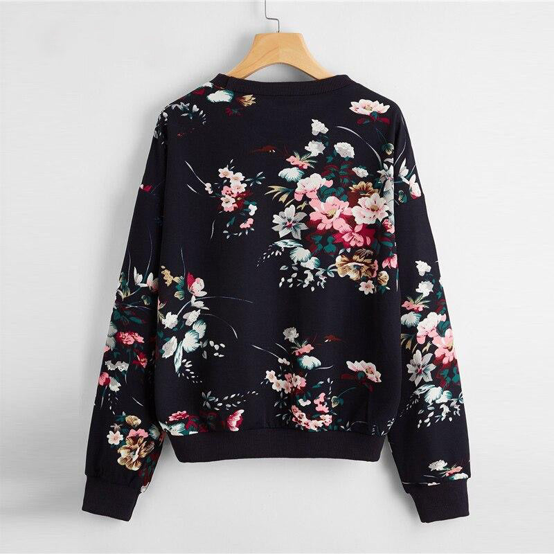 Navy White or Black Drop Shoulder Floral Print Pullover Sweatshirt