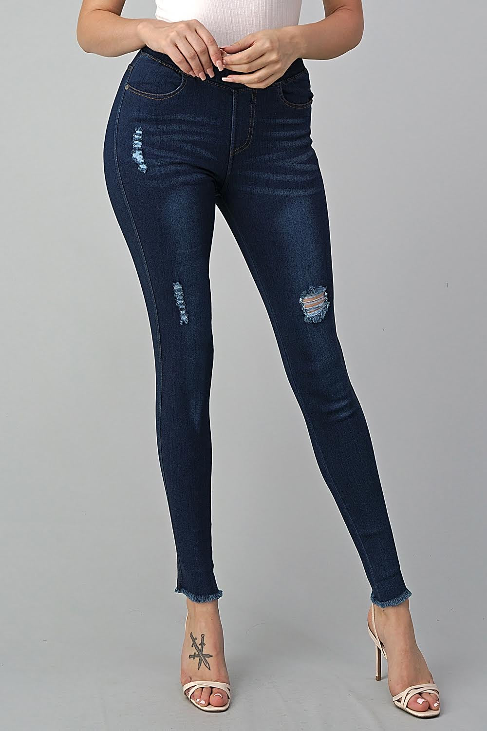 High Waist Distressed Raw Hem Stretch Denim Jeggings