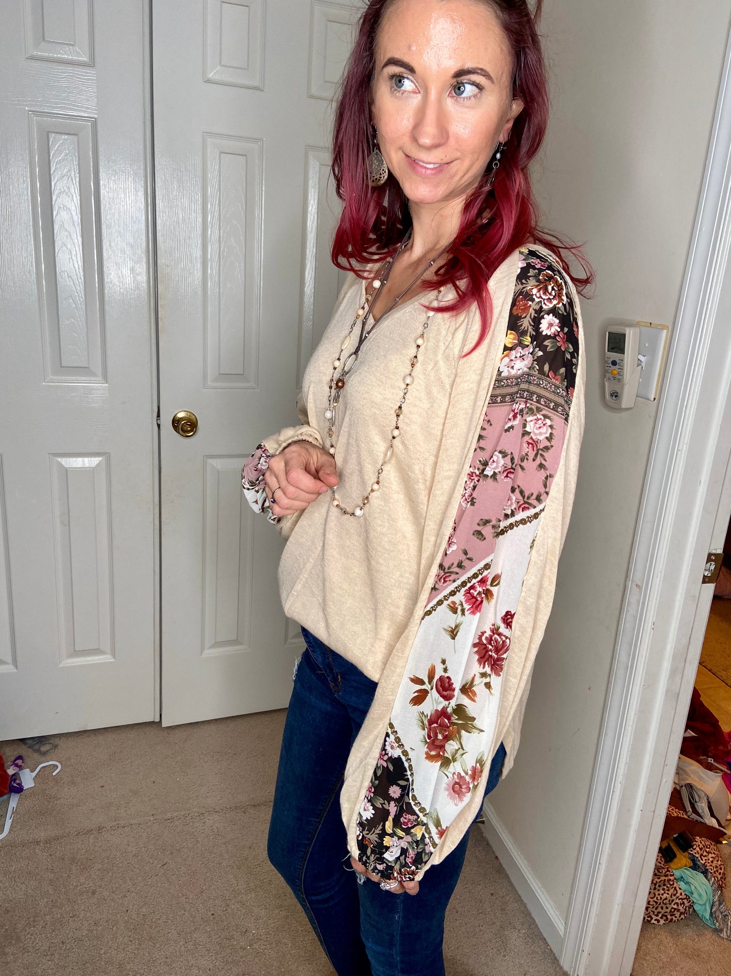 Floral Balloon Puff Sleeve Ivory Boho V-neck Long Sleeve Top