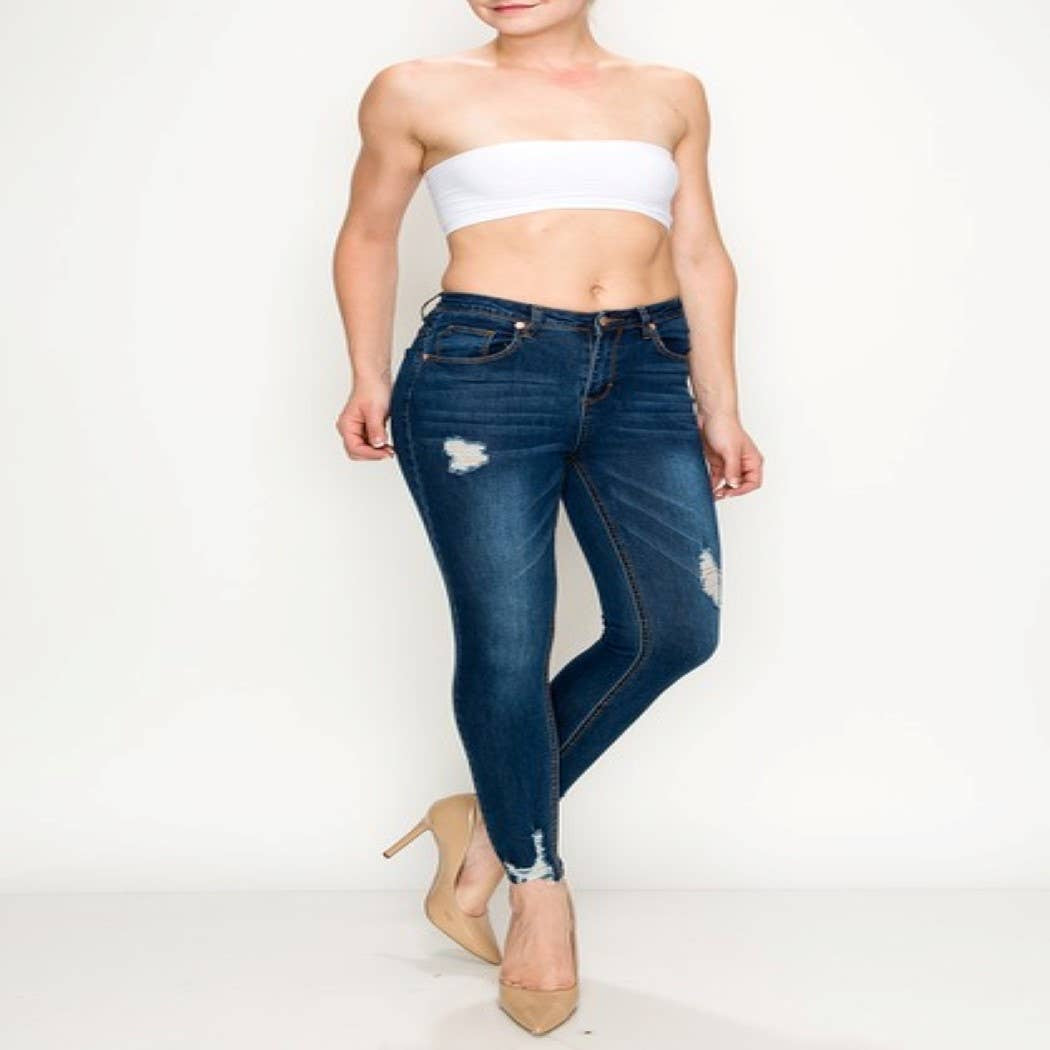 Great Smoky Dark Indigo Shark Bite Hem Distressed Denim Jeans Pant