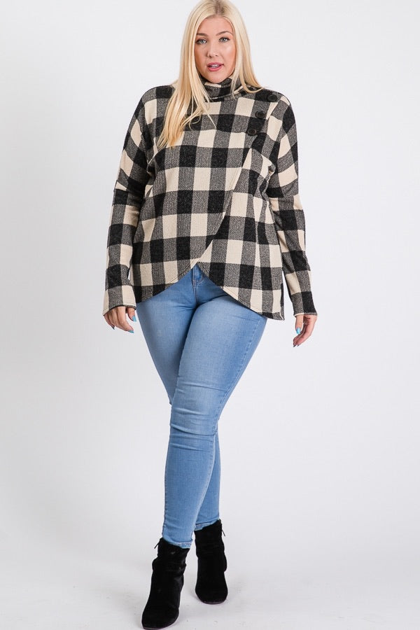 Buffalo Plaid Button Detail Cowl Neck Sweater Top