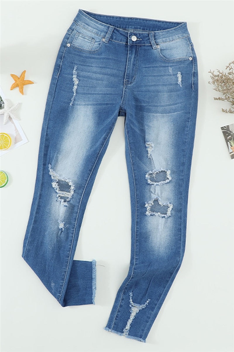 Faded Distressed High Rise Jeans Denim