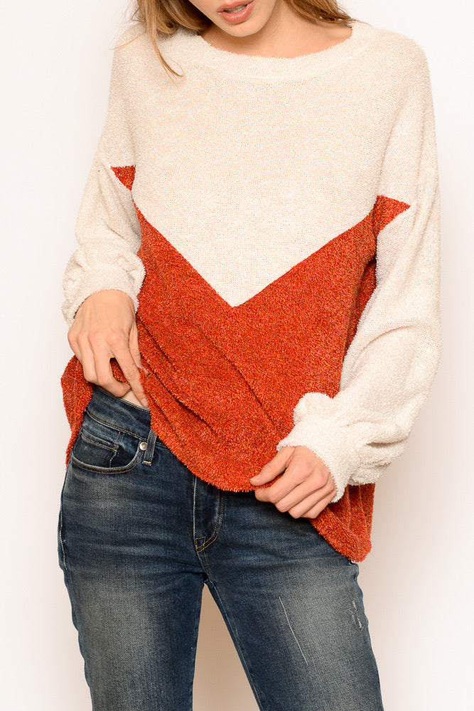Rust & Cream Chevron Color Block Terry Sweater
