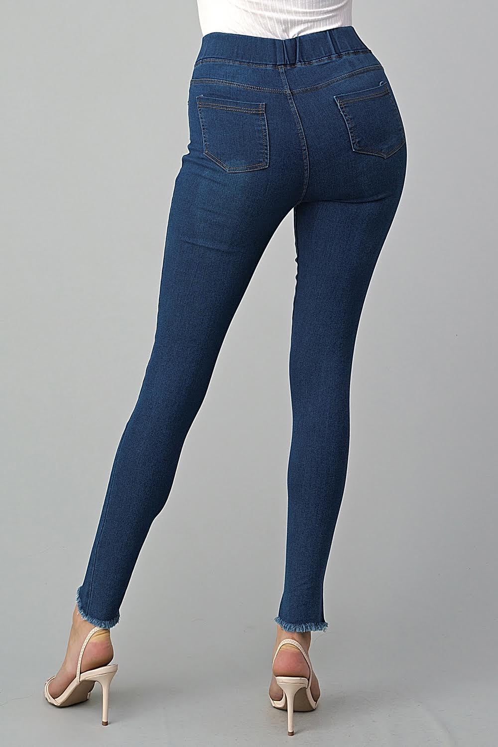 High Waist Distressed Raw Cross Hem Stretch Denim Jeggings