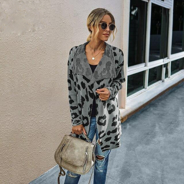 Grey Knit Leopard Print Cardigan With Pockets